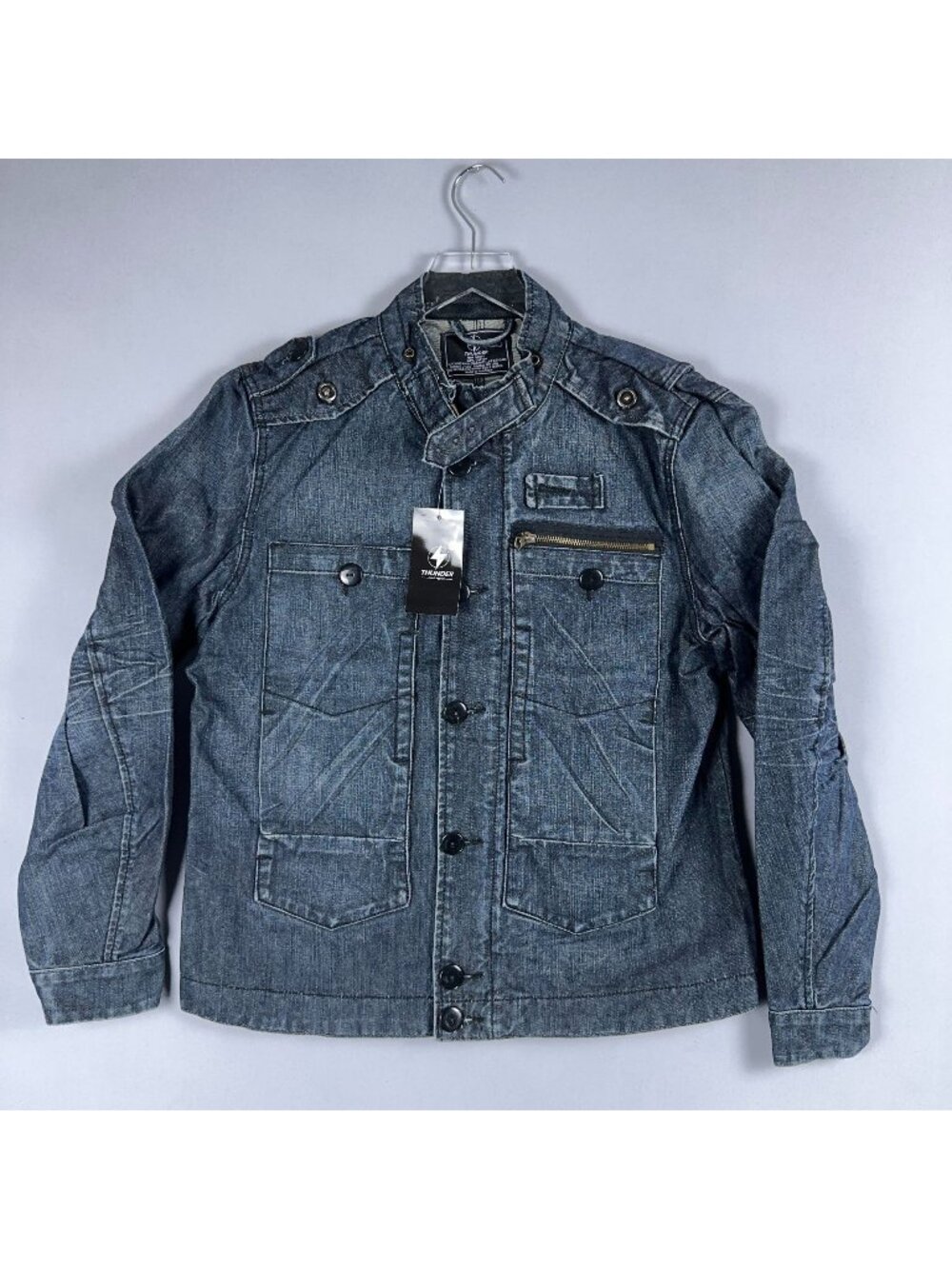 Thunder Worker Jacket Size Large Blue 100% Cotton Utility Zipper Breast Pocket